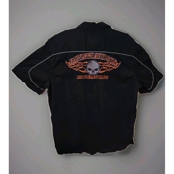 Harley Davidson Shirt Mens XL Black Flame Skull Mechanic Button Down Motorcycle - Picture 2 of 5